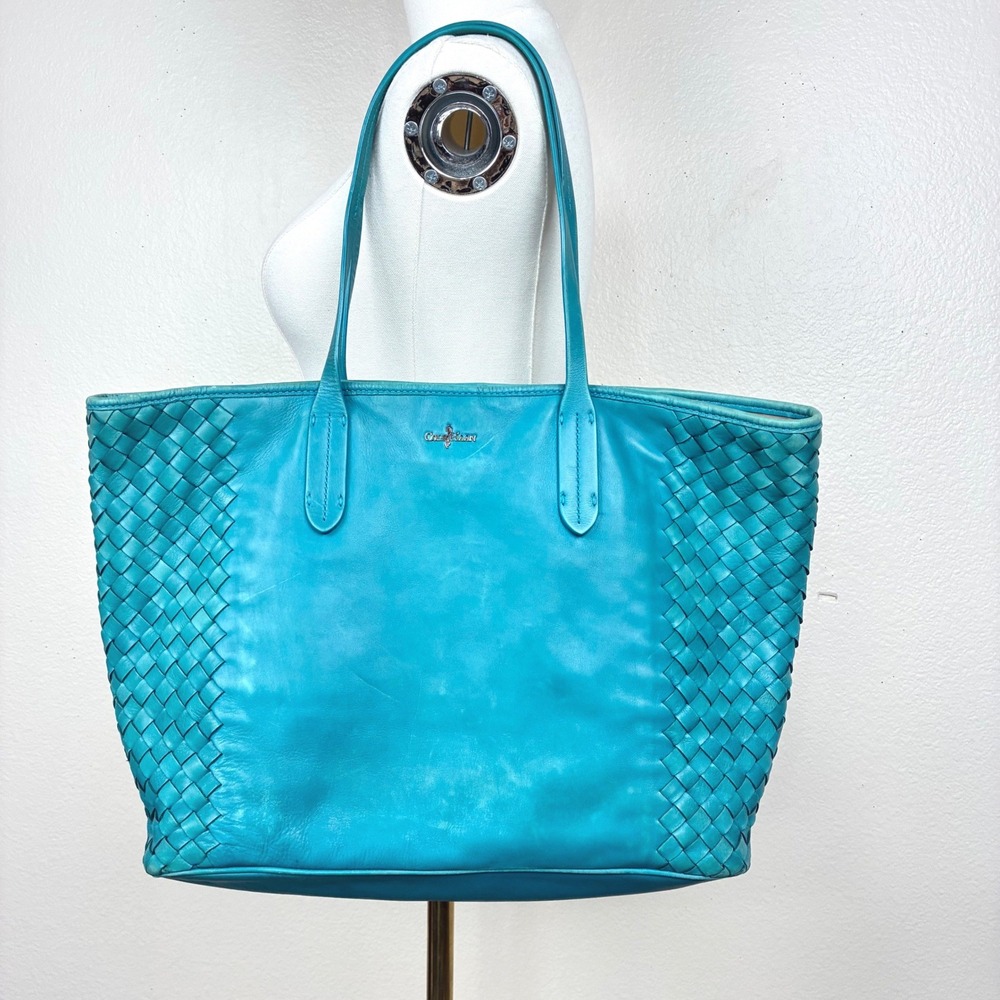 Cole Haan Genuine Leather Tote Bag Oversized Woven Teal Shopper Statement Large